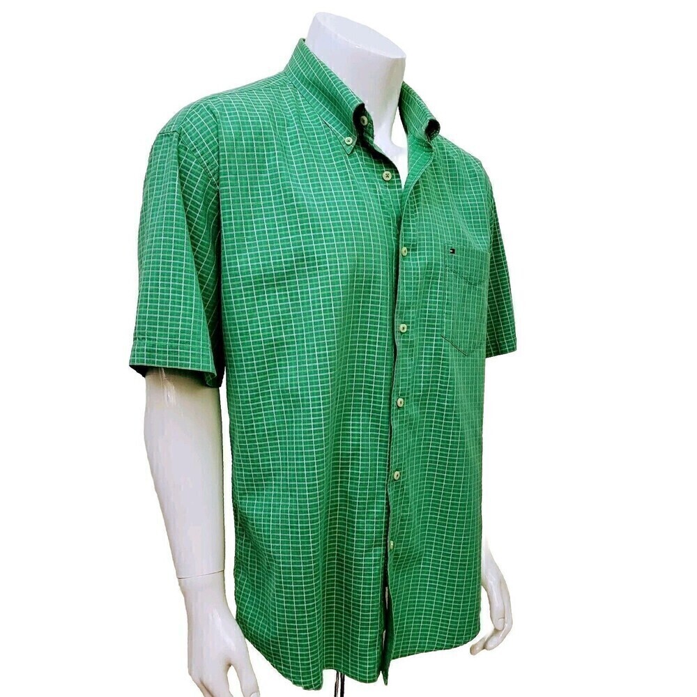 TOMMY HILFIGER Short Sleeve Light Cotton Shirt Bright Green Check Plaid Size XL